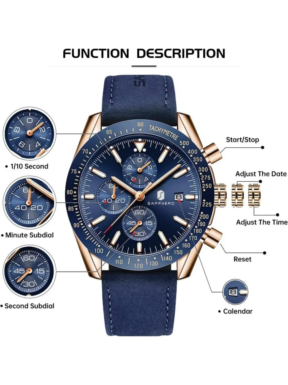 Men's Blue Gold Analog Silicone Strap Chronograph Luminous Designer Casual Watch